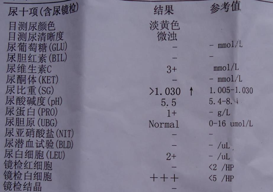 显异常。复查尿常规时，尿液镜检白细胞3+、尿白细胞2+，尿蛋白异常升高。结合患者糖尿病史及生化检查β